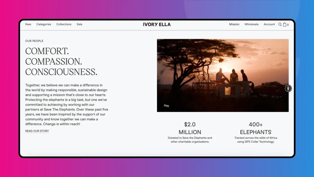Website screenshot featuring a sunset silhouette of people and elephants, promoting compassion and environmental consciousness.
