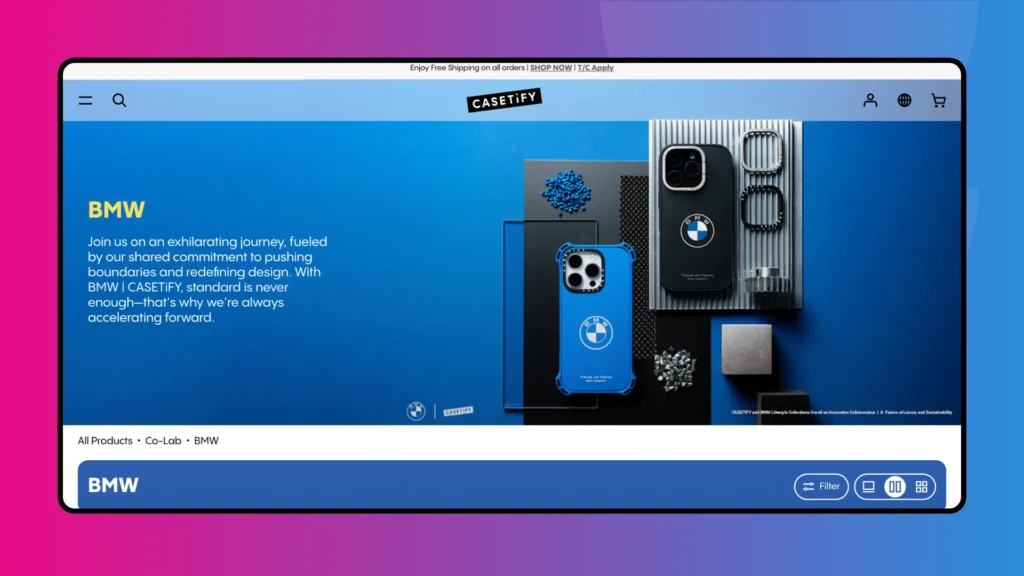 A screen displaying BMW and CASETiFY collaboration featuring stylish phone cases and accessories on a blue background.
