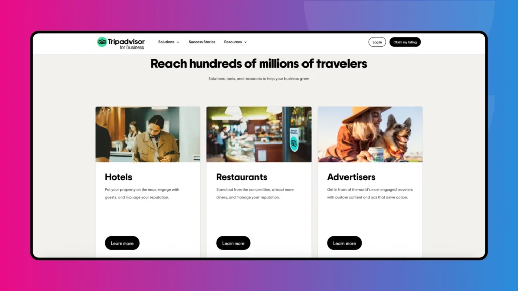 A webpage for TripAdvisor for Business promoting solutions for hotels, restaurants, and advertisers targeting travelers.
