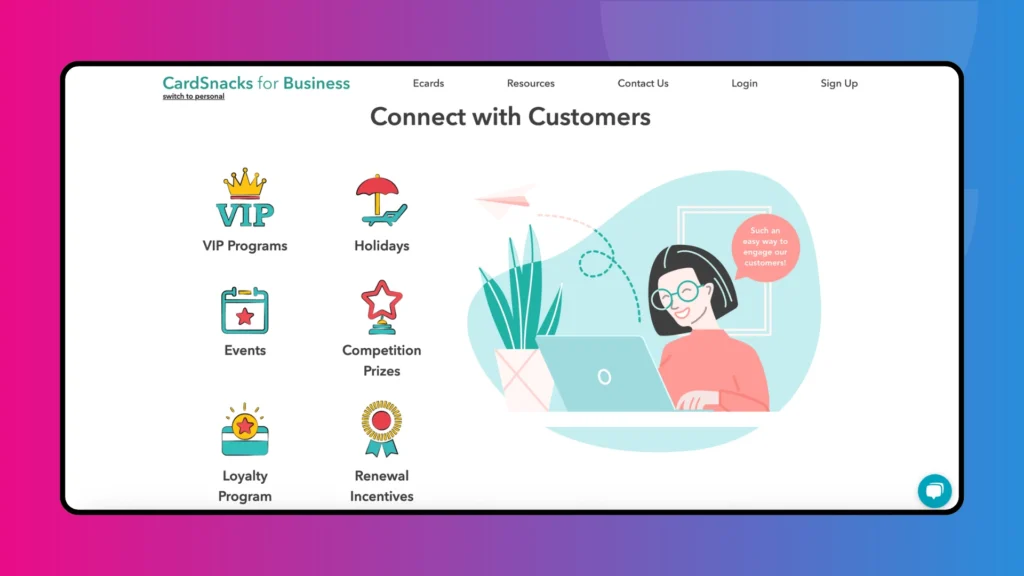 A digital interface displaying various customer engagement options, including VIP programs, events, and loyalty incentives, with colorful icons.