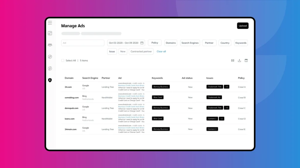 Screenshot of an ad management interface displaying domains, search engines, partners, ad statuses, keywords, and policy issues.