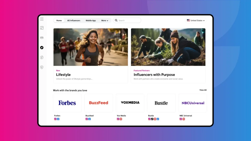 A digital interface displaying sections for lifestyle, partnerships, and popular brands like Forbes and BuzzFeed against a gradient background.