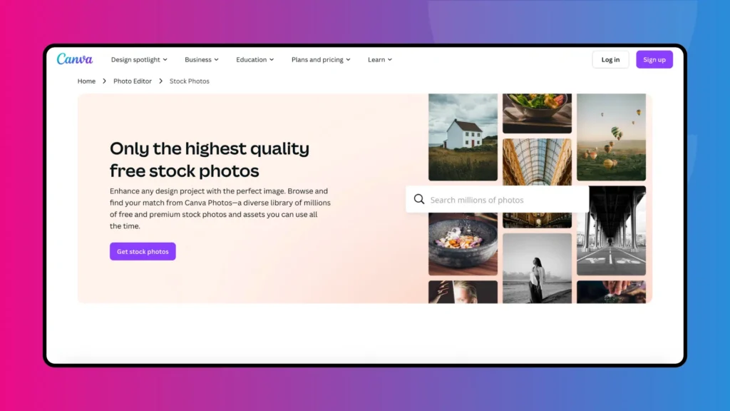 Screenshot of Canva's stock photo page showcasing a variety of images and a search bar for exploring free and premium photo options.