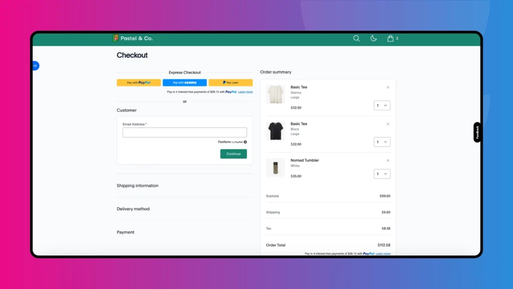 Checkout page for Pastel & Co. displaying order summary, email input, and payment options including PayPal and Venmo.