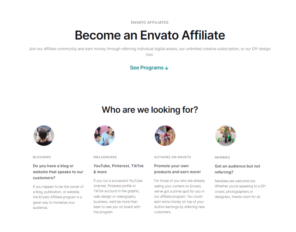 Envato affiliate program signup page