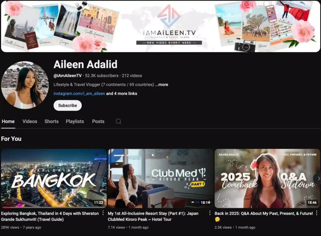 Aileen Adalid's YouTube channel featuring travel vlogs, video thumbnails showcasing various destinations, and subscriber information.