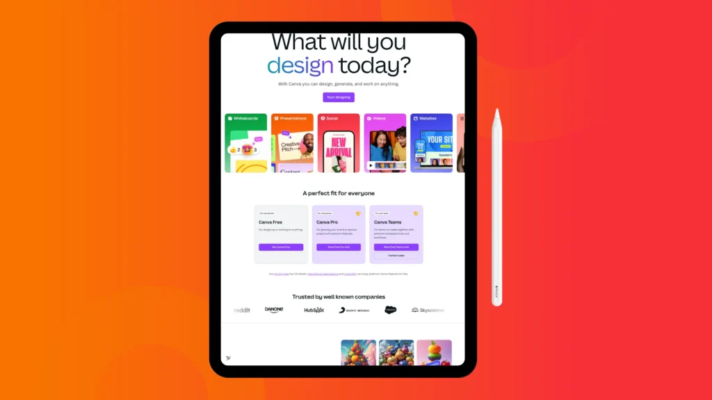 A tablet displays Canva's design options with a colorful interface and a stylus beside it, set against a vibrant orange background.