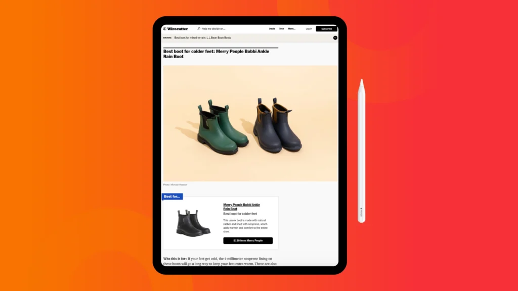 Two pairs of Merry People Bobbi ankle rain boots in green and navy displayed on a light background, alongside a tablet showing product details.