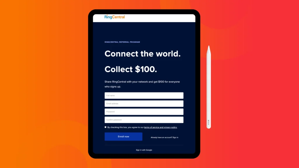 An iPad displays a RingCentral referral program page, inviting users to connect and collect $100 for referrals.