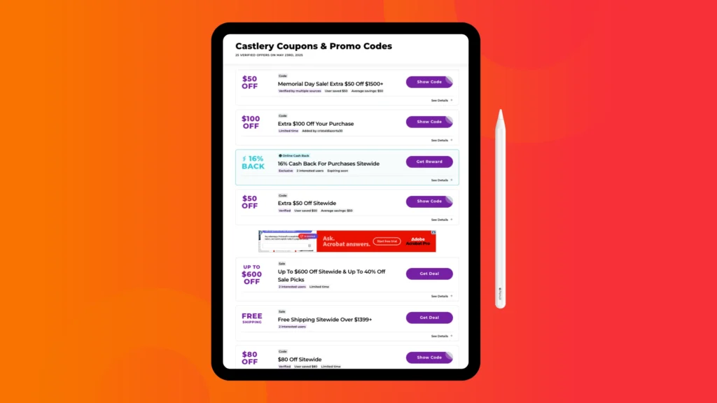 A tablet displaying Castlery coupons and promo codes on a gradient orange background, featuring various discounts and offers.