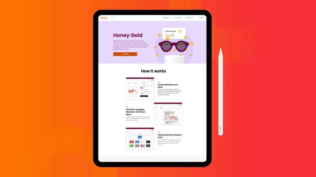 A tablet displaying the Honey Gold rewards program, featuring sections on earning, re-engaging, and redeeming rewards. Background is vibrant orange.
