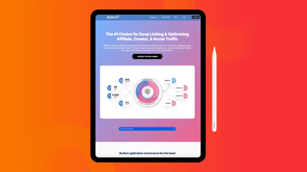 An iPad displays a vibrant Button interface showcasing deep linking analytics for optimizing affiliate and social traffic strategies.