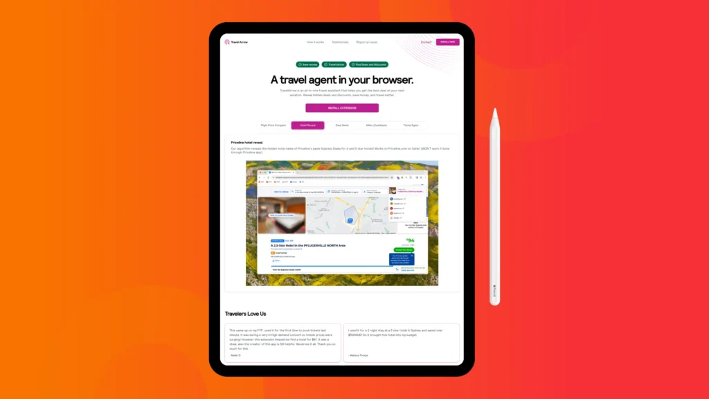 A tablet displaying the Travel Arrow website, showcasing hotel deals and a map with pricing information on a vibrant orange background.