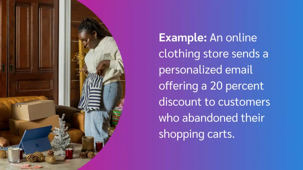 A person examines a striped bag while sitting on a couch surrounded by holiday decorations and parcels, with a laptop nearby.