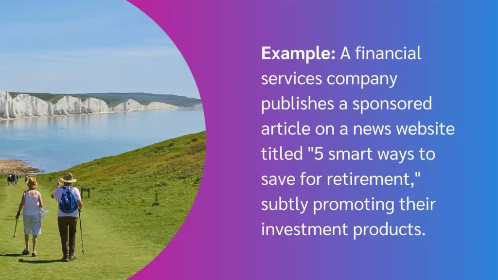 Two hikers with hats stroll along a green path overlooking a serene sea and white chalk cliffs under a blue sky.