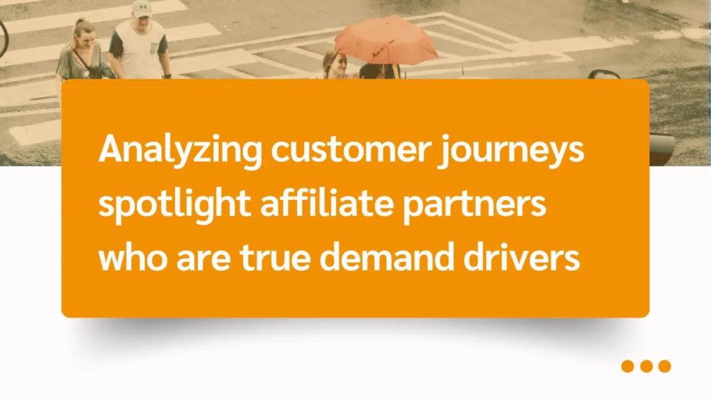 A vibrant street scene shows pedestrians walking and cycling, with a bright orange box overlay displaying text about customer journey analysis.