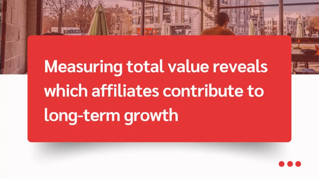 Text overlay on a red background discusses measuring total value to identify affiliates that drive long-term growth.