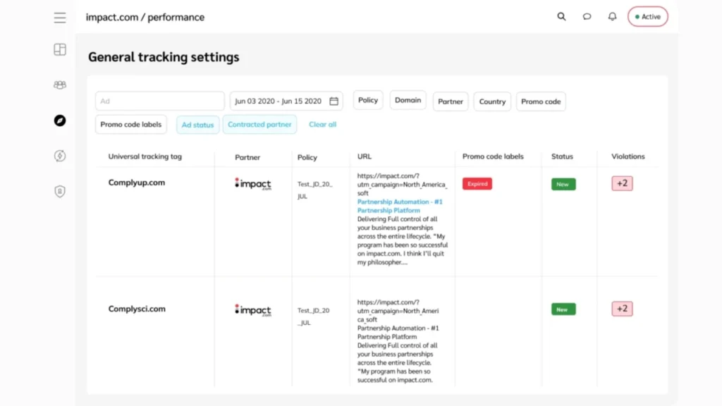 Screenshot of the discoverimpact.wpenginepowered.com performance dashboard displaying tracking settings, partner details, policies, and status indicators.