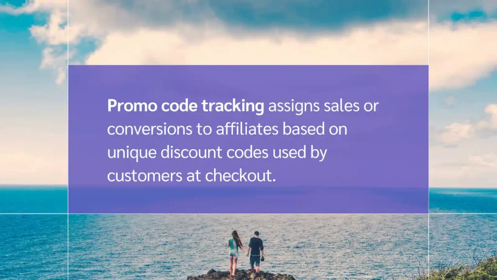 A couple stands on a rocky shore, gazing at the ocean while a text box explains promo code tracking for sales attribution.