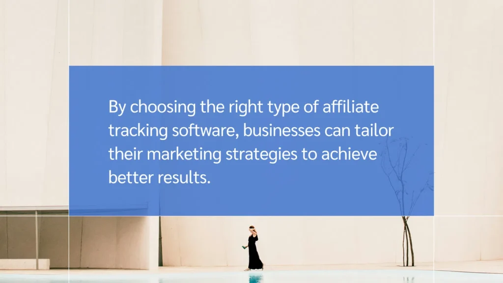 A woman in a long black dress walks near a serene body of water with a large text box about effective affiliate tracking software strategies.