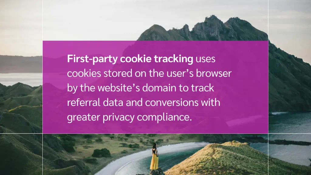 A person in a yellow dress stands on a cliff overlooking a coastline, with text explaining first-party cookie tracking.