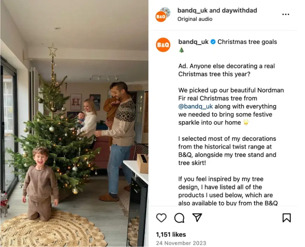 A family decorates a lush Christmas tree, adorned with baubles and lights, in a cozy, well-lit living room filled with holiday cheer.