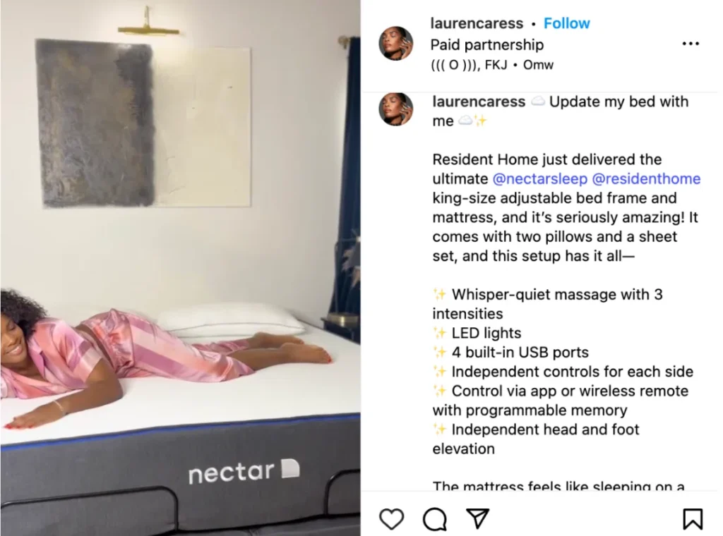 A glamorous bedroom featuring a king-size adjustable Nectar bed with two pillows, set against a modern, abstract wall art.