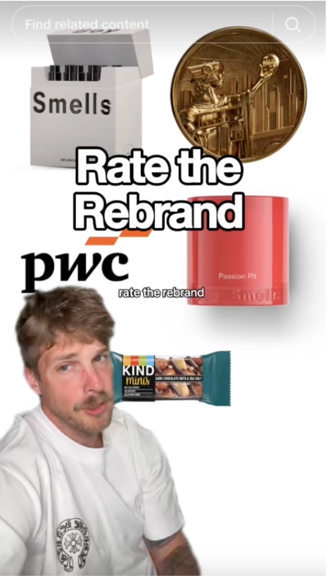 A graphic with various products and logos, including "Smells," "PwC," a Passion Pit item, and a KIND snack bar, with text urging to rate the rebrand.