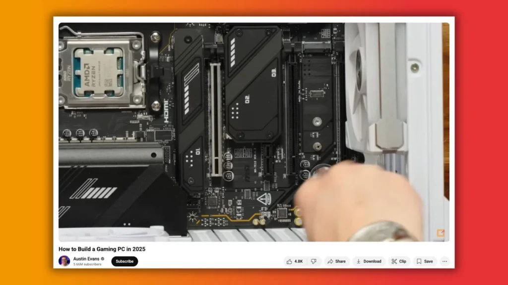 A close-up of a computer motherboard with an AMD Ryzen processor socket being worked on, showcasing various components and connections.