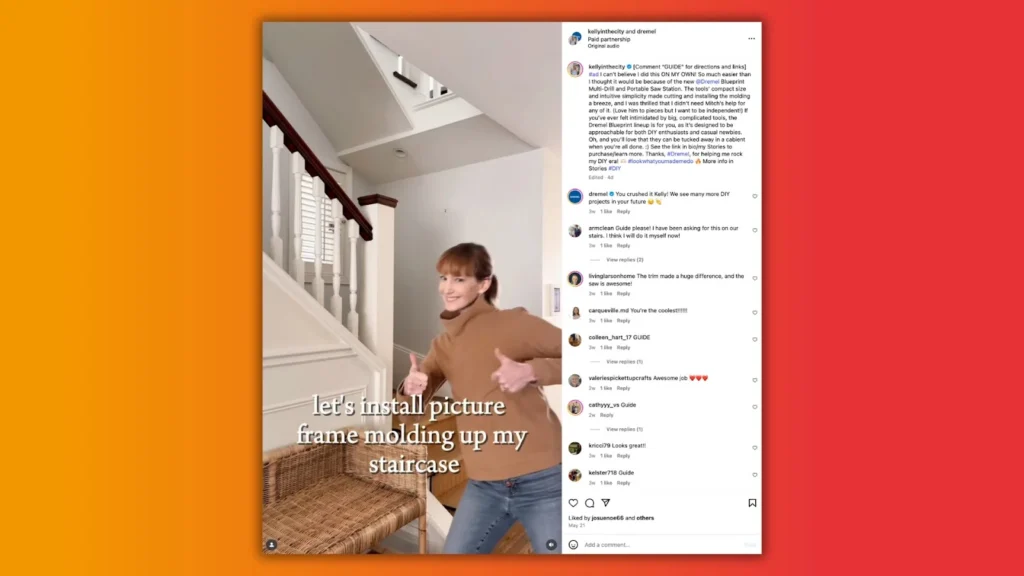 A person enthusiastically gestures while standing near a staircase, promoting a DIY project to install picture frame molding.