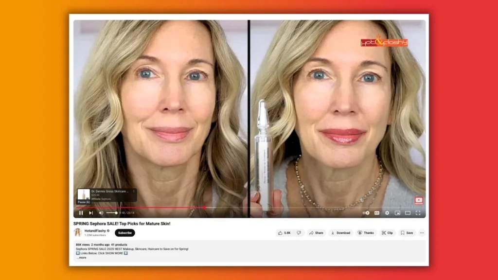 A woman holds a skincare product while showcasing her neck area, highlighting before-and-after results in a video presentation.