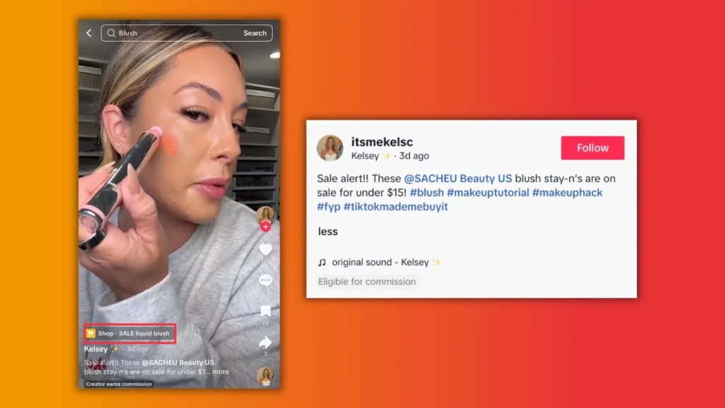 A woman holds a liquid blush product while promoting a sale on TikTok, with colorful gradient background and text detailing the offer.