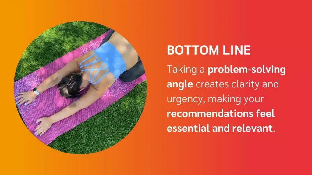 A woman performs a yoga pose on a pink mat on grass, accompanied by text emphasizing problem-solving for clarity in communication.