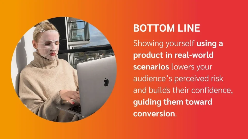 A person sits at a laptop in a bright, modern setting, emphasizing the importance of showcasing products in real-life situations.