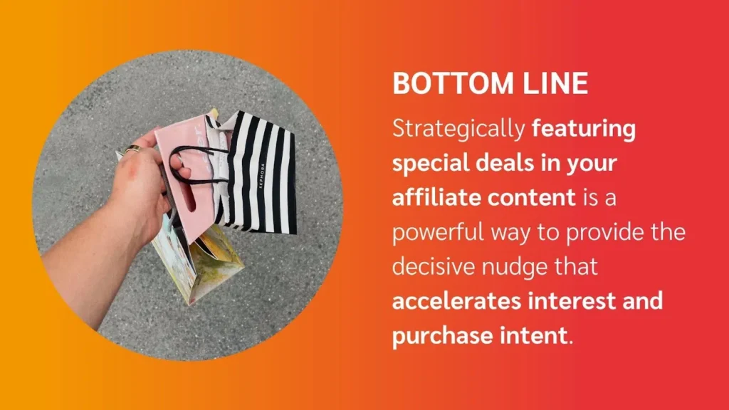 A hand holding shopping bags, including a striped Sephora bag, against a gradient background with text about affiliate marketing strategies.