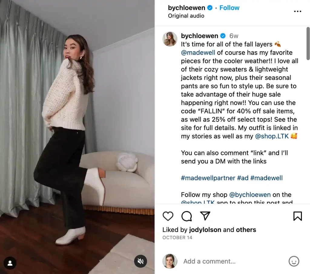 Example of brand ambassador post on instagram