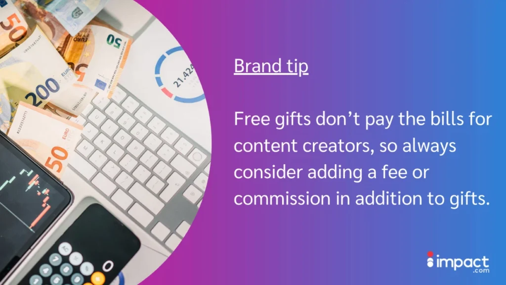 A smartphone displays financial data alongside Euro bills and a keyboard, highlighting tips for compensating content creators.