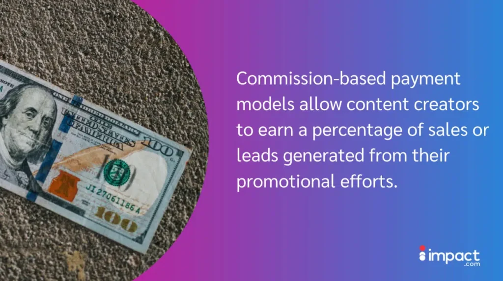 A $100 bill placed on a textured surface, accompanied by text about commission-based payment models for content creators.