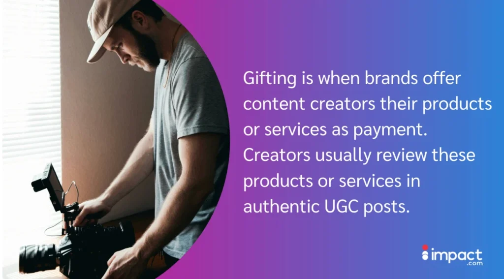 A person operates a camera, focusing on content creation while bright sunlight streams through a nearby window. Text discusses brand gifting.