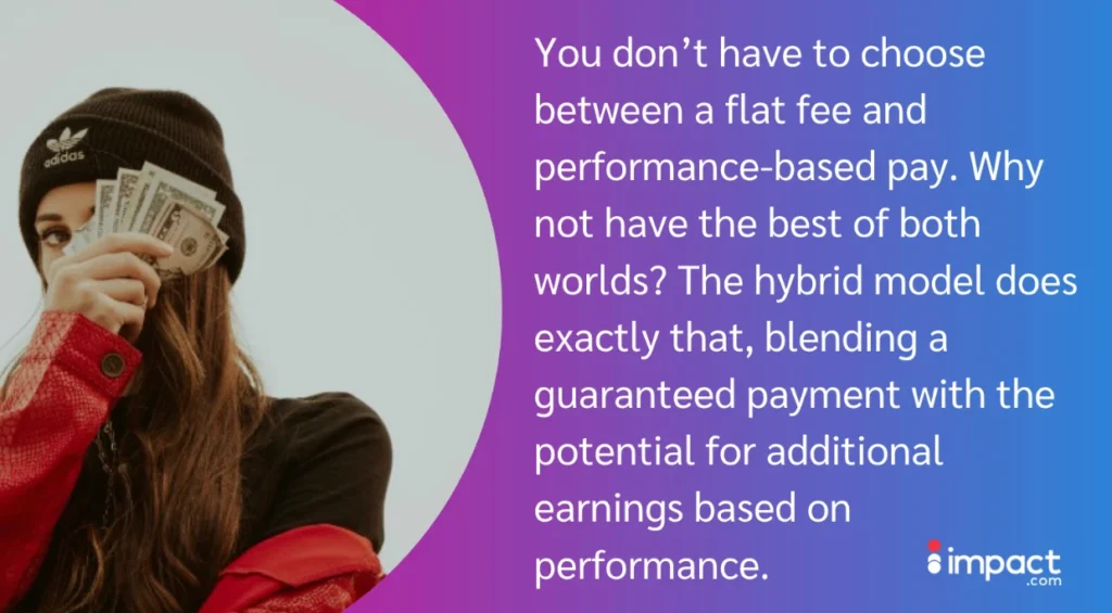 A person wearing a black beanie and red jacket holds cash, representing a blend of guaranteed and performance-based pay in a modern work model.