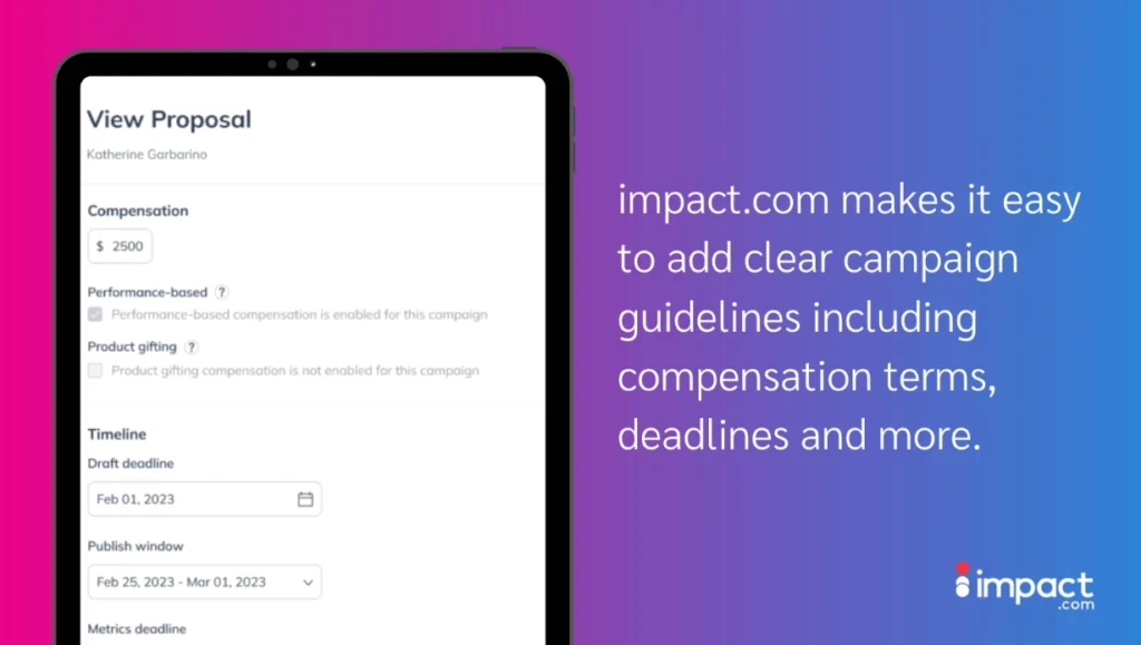 Tablet screen displaying a proposal on discoverimpact.wpenginepowered.com, detailing compensation, performance-based criteria, and campaign deadlines.