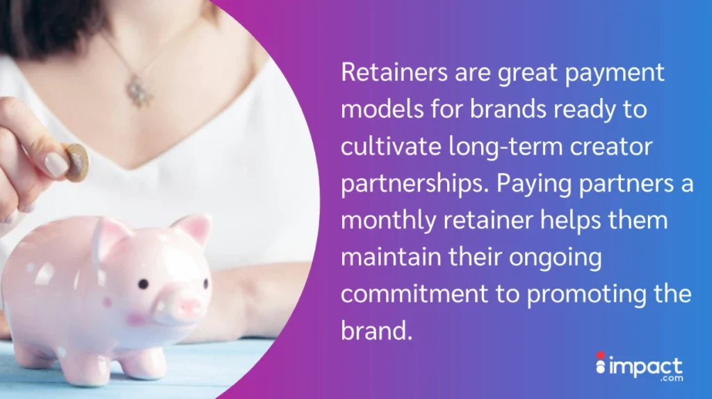 A person drops a coin into a pink piggy bank, illustrating the concept of retainer payments for long-term brand partnerships.