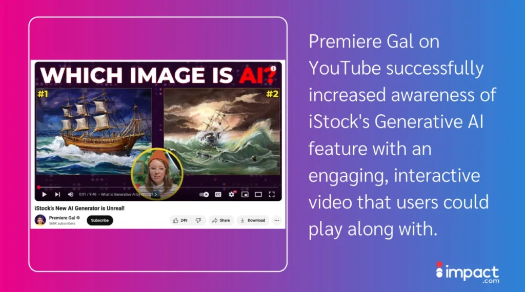 A YouTube video titled "Which Image is AI?" compares two paintings featuring ships in turbulent seas, promoting iStock's Generative AI feature.