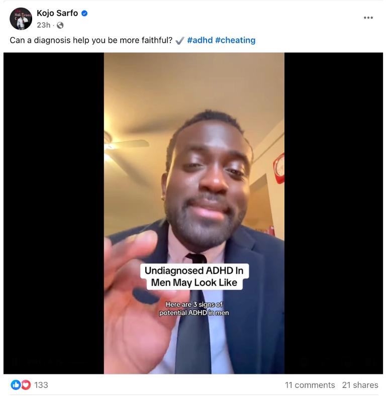 A man in a suit gestures with his hand, discussing signs of undiagnosed ADHD in men, with text overlay on the screen.