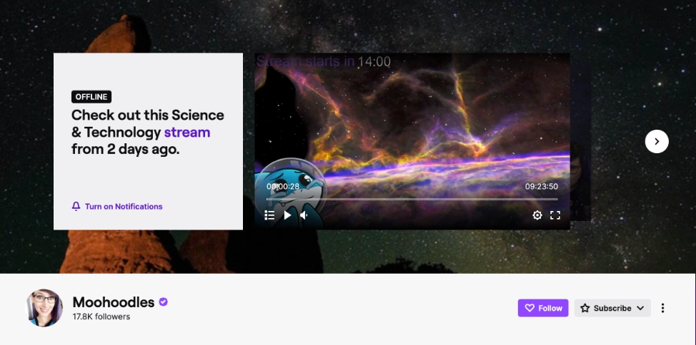 A cosmic scene featuring vibrant nebulae and stars, alongside a streaming alert for a science and technology broadcast.