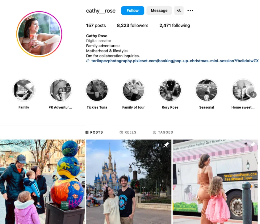 A vibrant Instagram profile showcasing family adventures, motherhood, and lifestyle content with colorful images and engaging highlights.