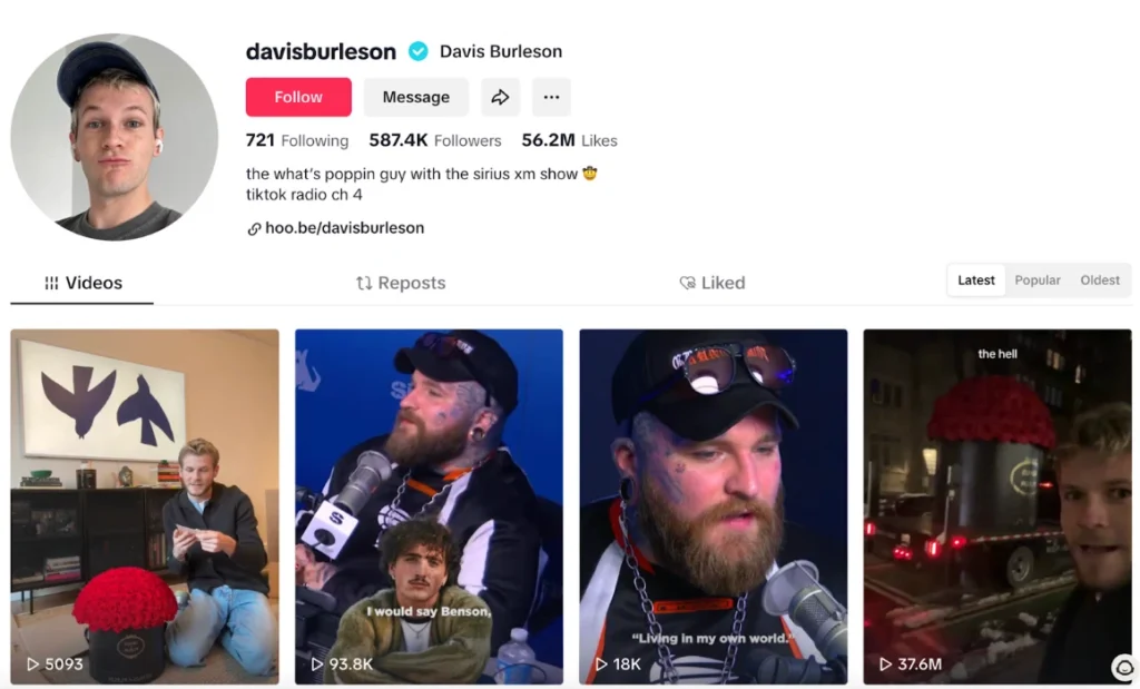 Davis Burleson’s TikTok profile showcases videos and highlights, emphasizing his charismatic personality and engagement with followers.