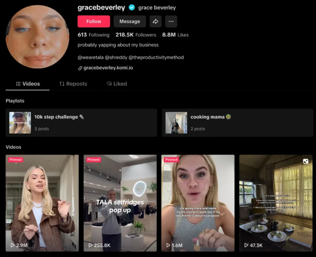 A TikTok profile showcases Grace Beverley's content, with playlists, pinned videos about fitness, shopping, and cooking.