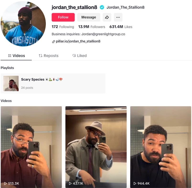 Profile of a popular TikTok user with 13.9M followers, featuring video thumbnails and a playlist titled "Scary Species."