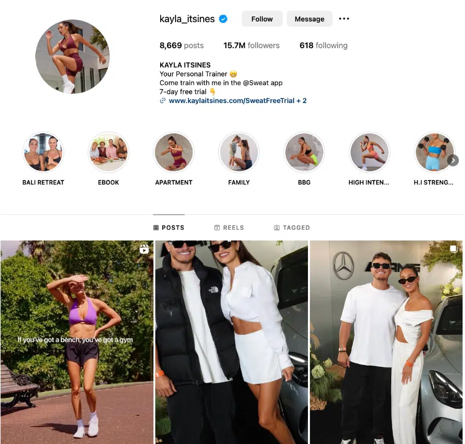 Instagram profile of fitness influencer Kayla Itsines, featuring her posts, followers, and various engagement highlights.